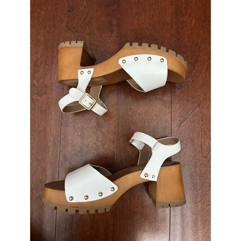 Call It Spring White Vegan Leather Platform Clog Sandals with Studs, Size 8.5